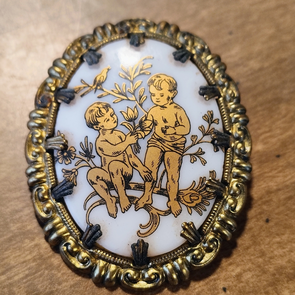 Vintage West Germany Porcelain Gold and White Brooch
